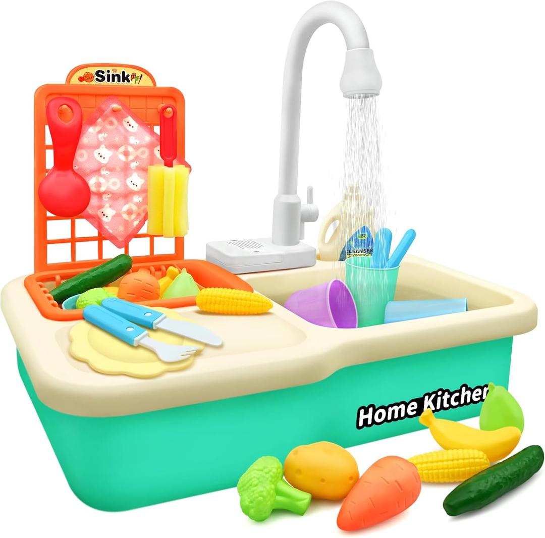 Play Sink with Running Water,Electric Dishwasher Playing Toy Play Sink for Kids 3-5 with Upgraded Faucet,Pretend Role Play Kitchen Sink Toys Set Gift for Girls Boys