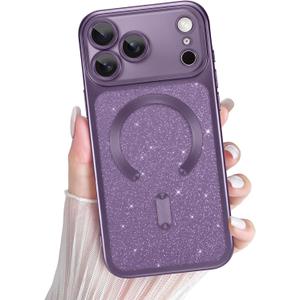 tharlet Magnetic for iPhone 17 Pro Max Case Purple with Load Glitter Card | [MagSafe Compatible] Luxury Plating Diamond Frame [ DIY Glitter Card Back ] Full Camera Protection with Screen Protector