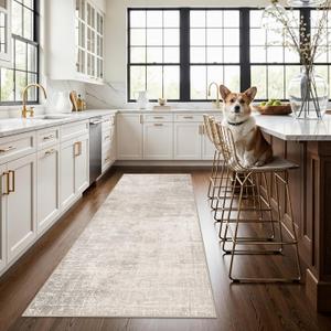 3x7 Washable Hallway Runner Rug: Abstract Stain Resistant Kitchen Rug Farmhouse Ultra Soft Bathroom Bedroom Entryway Printed Floor Mat Thin Non-Slip Carpet for Living Room Laudry(3x7,Beige/Cream)