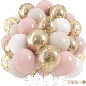 Dusty Pink and Gold Balloons Set, 60Pcs 12 Inch Retro Blush Pink White Sand Beige Metallic Gold Latex Balloon with Gold Confetti Boho Balloon for Birthday Baby Bridal Shower Wedding Party Decorations