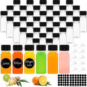 100 Pack 2 oz Shot Bottles with Caps, Small Plastic Bottles for Liquids, Ginger Shots Bottles for Liquor,Juice,Whiskey, Reusable Travel Bottles with Scale, Funnels, Stickers for DIY, Weddings, Party