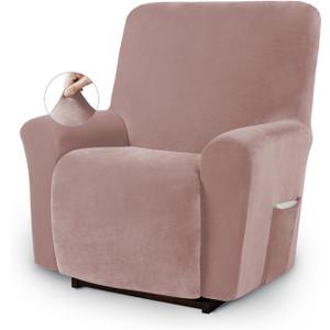 Asnomy Recliner Chair Covers Lazy Boy Recliner Covers with Pockets Stretch Velvet Couch Cover Slipcover 1-Piece Furniture Protector for Dogs Cats (Recliner, Pink) 34"D x 33"W x 37"H