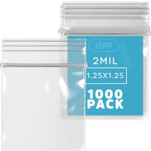 1000 Count - 1.25" x 1.25" Small Zip Bags, Mini Reclosable Zipper Baggies, 2 Mil, Clear Plastic Resealable Storage Bags with Zip Top Lock for Packaging Jewelry, Diamonds, Pills, Beads, Seeds - GPI, Clear 