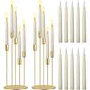Baquler 2 Set 5 Arms Gold Candelabra Metal Candlestick Holders for Wedding with 10 Pcs Flameless LED Taper Candles for Christmas Ceremony Wedding Birthday Party Table Centerpiece Home Decoration