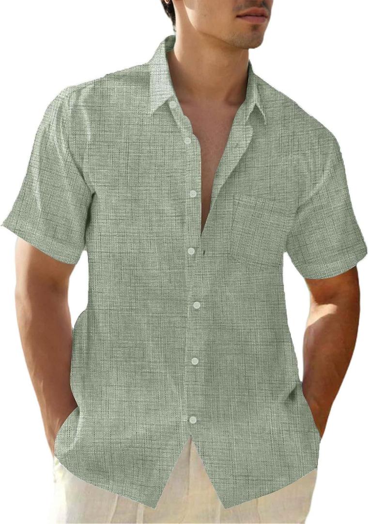 Mens Linen Shirts Gradient Short Sleeve Casual Shirts Button Down Shirt Beach Summer Wedding Vacation Shirt for Men (Green, L)
