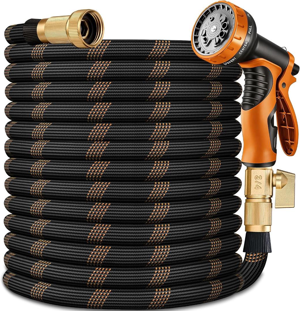 Flexible Garden Hose 75 FT, Ultra Lightweight Water Hoses w/10 Function Sprayer and 3/4" Brass Fittings, Kink-Free, Sturdy, Abrasion Resistant for Yard, Lawn, Outdoor and Gardening(Black Orange)