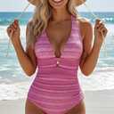 Aidonger Women's Deep V Neck One Piece Swimsuit Textured Bathing Suit Sexy Cutout Cross Tie Back Tummy Control Swimwear (Pink, L)