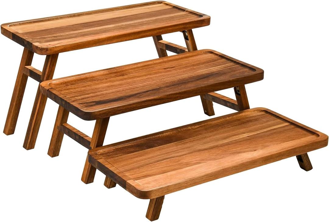 GEHE 3 Tier Serving Stand, Acacia Wood Dessert Table Display Cupcake Stand, Rustic Foldable 3-Tiered Serving Trays & Platters, Large Charcuterie Board for Birthday Wedding Bridal Shower Tea Party