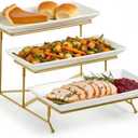 LAUCHUH 2 Tier Serving Stand Porcelain Serving Platter Tier Serving Trays with Collapsible Sturdier Rack, Serving Dishes and Platters for Thanksgiving, Christmas, Entertaining, Gold, 12 Inch