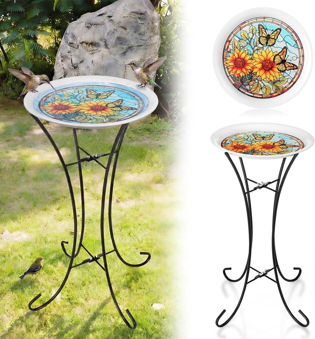 LEIFIDE 23 inch Metal Bird Bath for Outside Birdbath Bowl Topper with Foldable Pedestal Metal Stand Sunflower Butterfly Pattern Bowl Freestanding Birdbaths Birdfeeder for Outdoor Patio Yard Lawn Decor