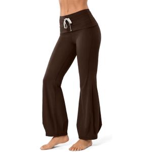 Women's Fold-Over Flare Yoga Pants - High Waist Drawstring Tummy Control Leggings for Pilates, Gym, Lounge & Daily Wear, XS