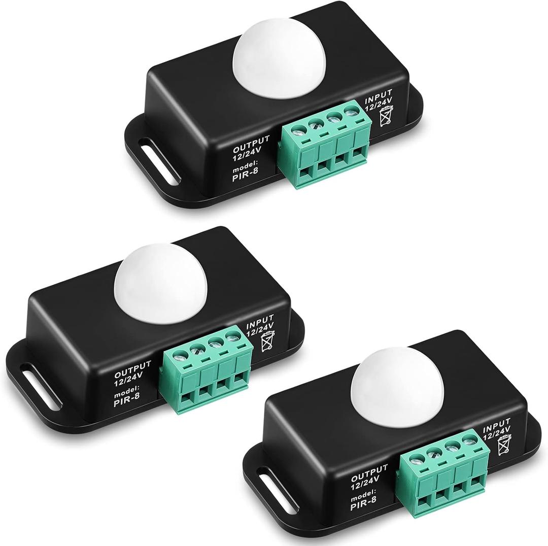 3 Packs 12 V 24 V PIR Sensor Adjustable LED c Black Infrared Motion Detector Body Motion Sensing Light Switch PIR Controller with Embedded PIR Probes for Flexible LED Strip Lights