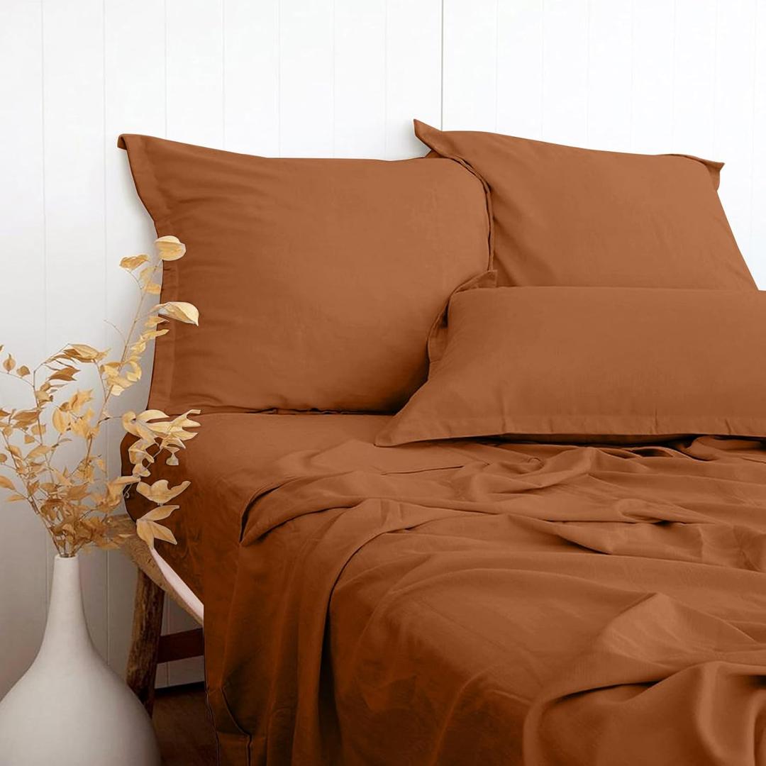PANDATEX Rust Red Linen-Textured Bed Sheets Set, Bamboo Rayon, Cotton, Linen Blend Bed Sheets Full Size, Soft Cool & Breathable for Hot Sleepers,Durable Natural Organic Bed 15'' Deep Pocket - 4 Piece