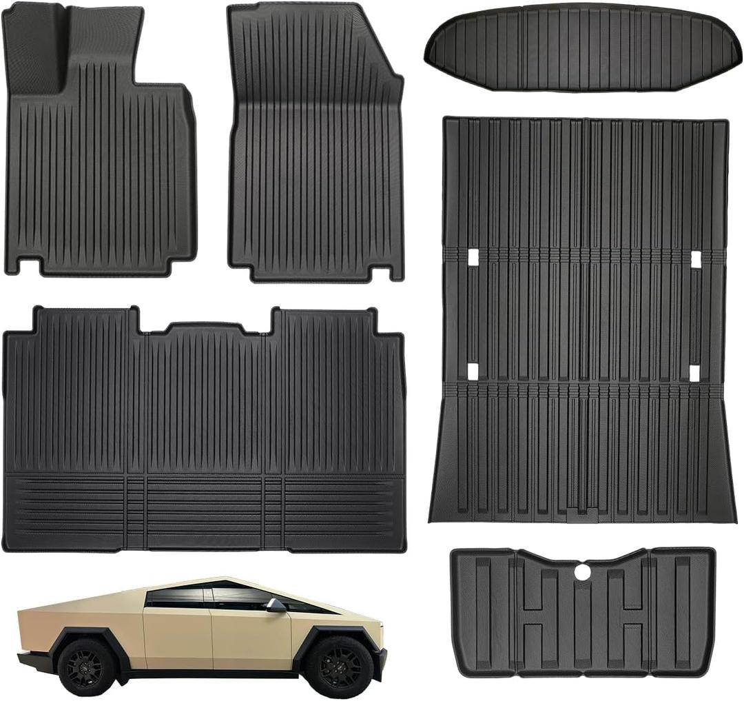 TPE Floor Mats Full Set 6-Piece for Tesla Cybertruck Premium Odorless All-Weather Floor Liners with Full Coverage for Front Seats, Second Row, Frunk, Cargo & Truck Bed Durable Interior Protection