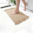 Waffle Bath Mat, Super Absorbent Waffle Bathroom Rug with Tassels, Non Slip Bath Mats for Bathroom Floor, Ultra Soft Boho Bath Mat, Quick Dry Shower Mat, Machine Washable, 17"24", Khaki