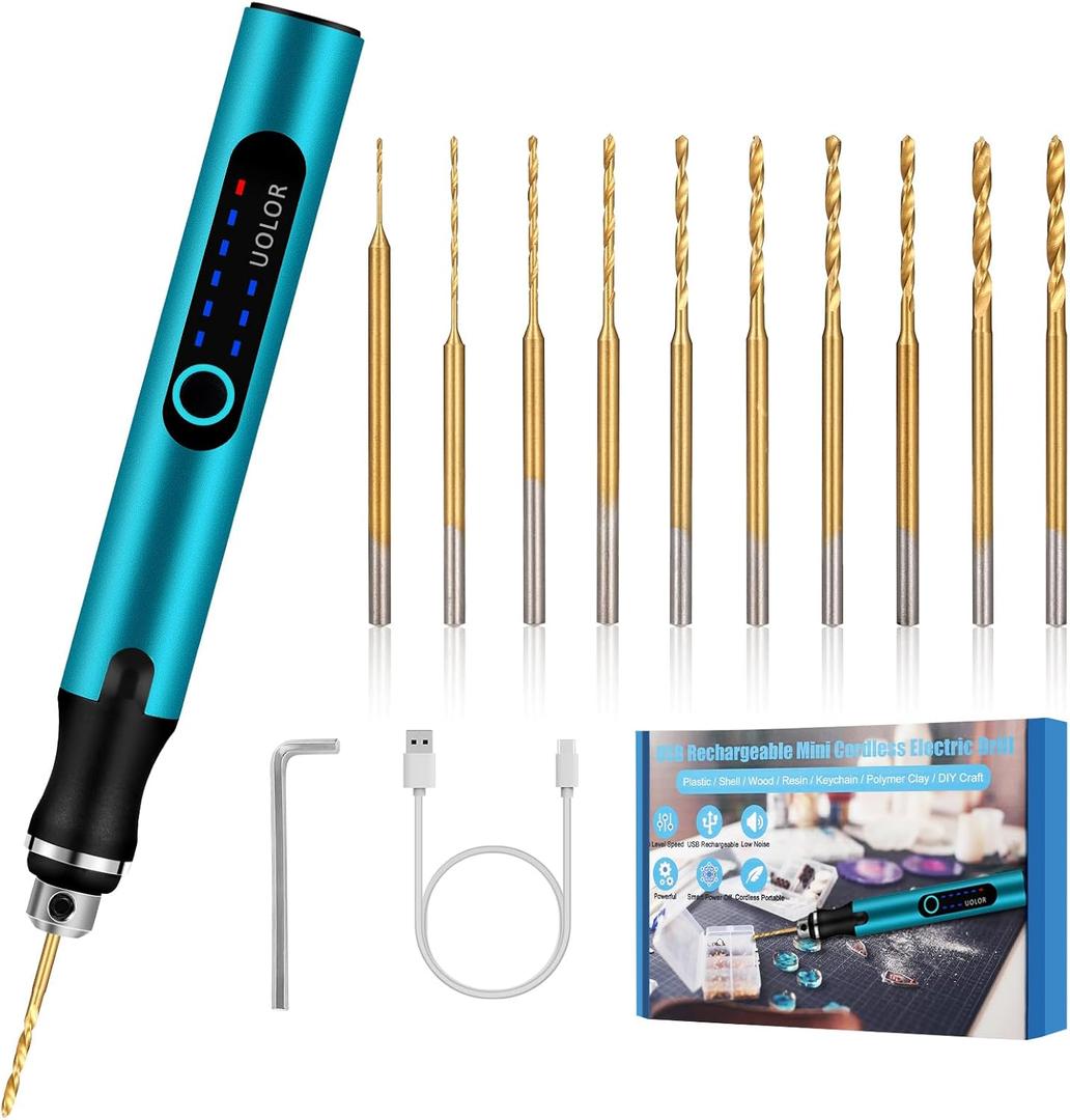 Uolor 3-Speed Cordless Mini Drill Pen, Rechargeable DIY Electric Hand Drill with 10 Small Drill Bits, Micro Drill Set for Jewelry Making Stone Plastic Resin Keychains