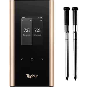 Typhur Sync Gold Wireless WiFi Meat Thermometer, 2 Slim Probes, 6 Sensors, 10x Stronger Signal, 0.5 Accuracy, Smart Base Direct Setup, Reliable Reading Through Kamado Grill BBQ Oven Smoker Air Fryer (Regular)