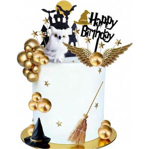 26 PCS Wizard Birthday Party Cake Decorations Set, Happy Birthday Acrylic Cake Topper with Magic Hat, Broom, Castle, Wings, Stars, Balls