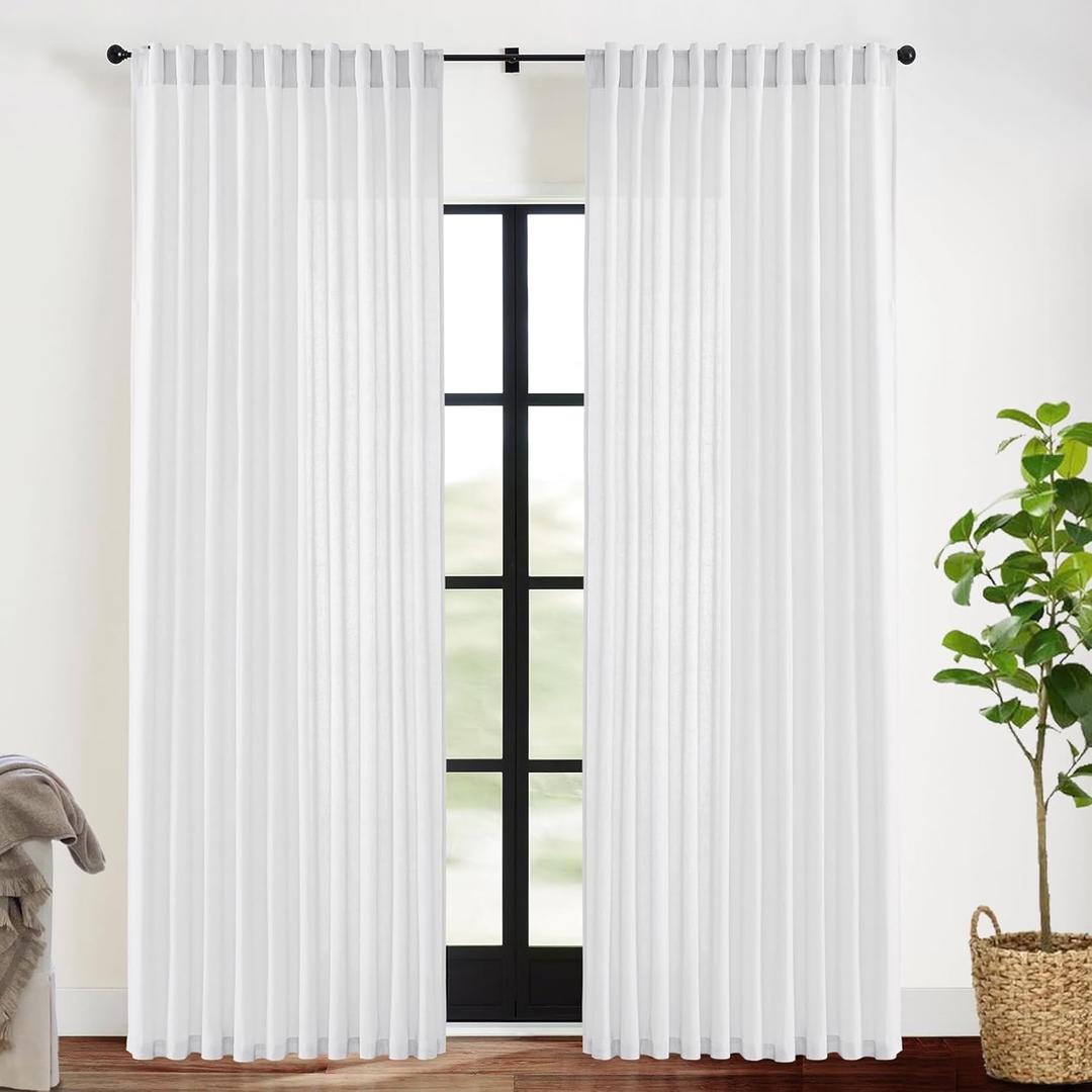 XTMYI White 90 Inch Length Back Tab/Hook Belt Linen Cotton Sheer Curtains for Bedroom 2 Panels,70 Inch Wide