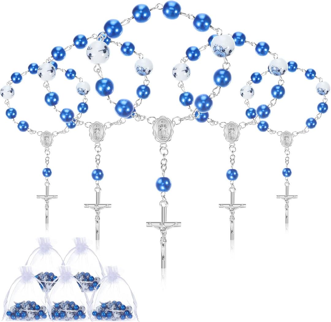 Yinkin 50 Pieces Blue Baptism Mini Rosaries Include 25 Pcs Blue Baptism Baby Rosary and 25 Pcs Organza Bags Baptismal Gifts Baby Christening Gifts for First Communion Decorations Party