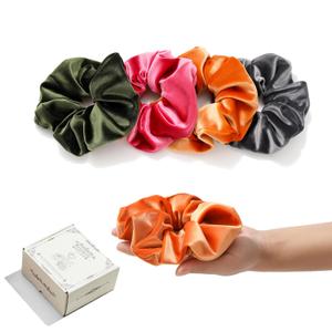 Large Premium Velvet Scrunchie for Women Silky Fabric Hair Ties Soft Ponytail Holder (Rose red Orange Green Grey) (1 Count (Pack of 4))