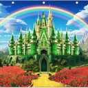 12x8ft Polyester Green Castle Backdrop Yellow Brick Road Rainbow Sky Photography Background Floral Banner Kids Party Decorations Photo Props