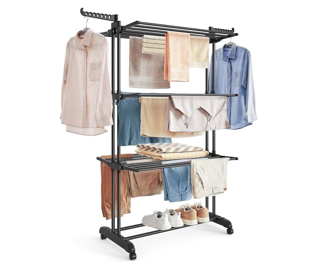 SONGMICS Clothes Drying Rack Stand 4-Tier, Foldable Laundry Drying Rack 68.1-Inch Tall, Stainless Steel, Rolling Clothes Horses Dryer Rack, Easy to Assemble, Indoor Outdoor Use, Ink Black ULLR701B01