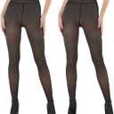 EXQUISLIFE Fleece Lined Tights Sheer Women - Fake Translucent Warm Pantyhose Leggings Sheer Thick Tights, for Winter (Medium, Black+Black)