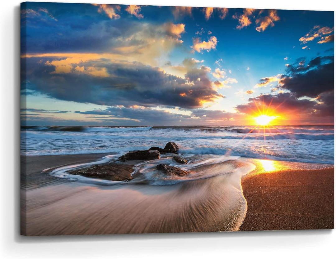 Artitude Beach Sunrise Canvas Wall Art: Modern Ocean Sea Wave Picture Coastal Rock Scene Painting Blue Seascape Print Relaxing Seaside Seashore Artwork Photography for Bedroom Living Room Decor