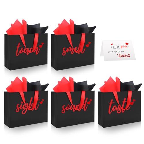 Epoesch 5 Senses Gift Bags for Him With Labels - Includes Tissue Paper & Greeting Card, Unique Birthday, Valentine‘S Day, Anniversary, Wedding Gifts for Boyfriend, Bf or Husband (Black with red lettering)