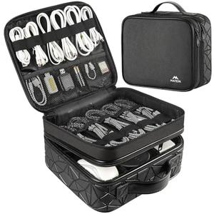 Cable Organizer Bag, Waterproof Travel Electronic Storage with Adjustable Divider, Shockproof Portable Double Layer Tech Bags Carrying Case for Cord, Earbuds, Charger, SD Card, Tech Gifts