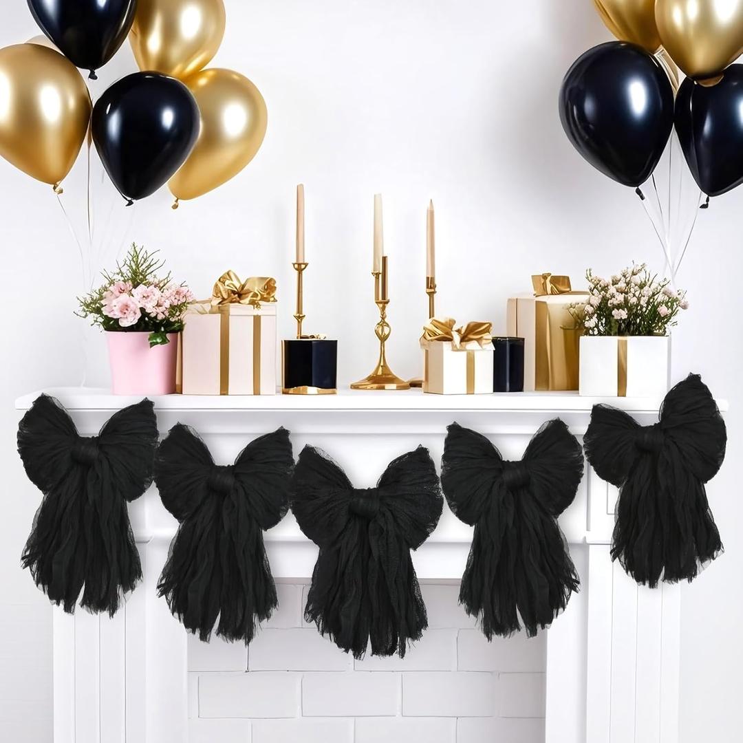 Large Black Bow Garland Banners for Coquette Birthday Party Decorations-Bow Themed Birthday Decor for Baby Shower Bridal Shower Bachelorette Party Wedding Favors Supplies (Black)