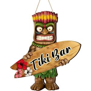 Briwooody Tiki Bar Sign Hawaiian Luau Party Decoration with Surfboard Tropical Hibiscus 17.7 Inch Foldable Tiki Decor for Home Bar Aloha Decoration Outdoor Housewarming Summer Pool Birthday Party, 17.72 x 15.55 x 0.28 inches