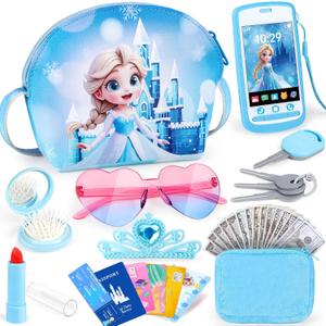 Play Purse for Little Girls, Toddler Kids Toy Purse with Accessories, Pretend Play Makeup Set, Crossbody Bag, Wallet, Fake Keys, Birthday Christmas Princess Gifts Toys for Girls Ages 3 4 5 6 Year Old