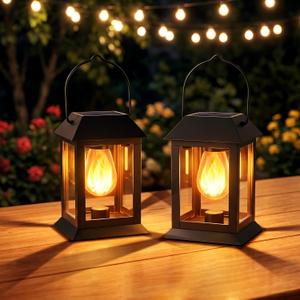 OMIKA Solar Lanterns Outdoor Waterproof, 2 Pack Flickering Flames Solar Lights with Stake, USB & Solar Powered Garden Lights for Lawn, Patio, Yard, Path Decor