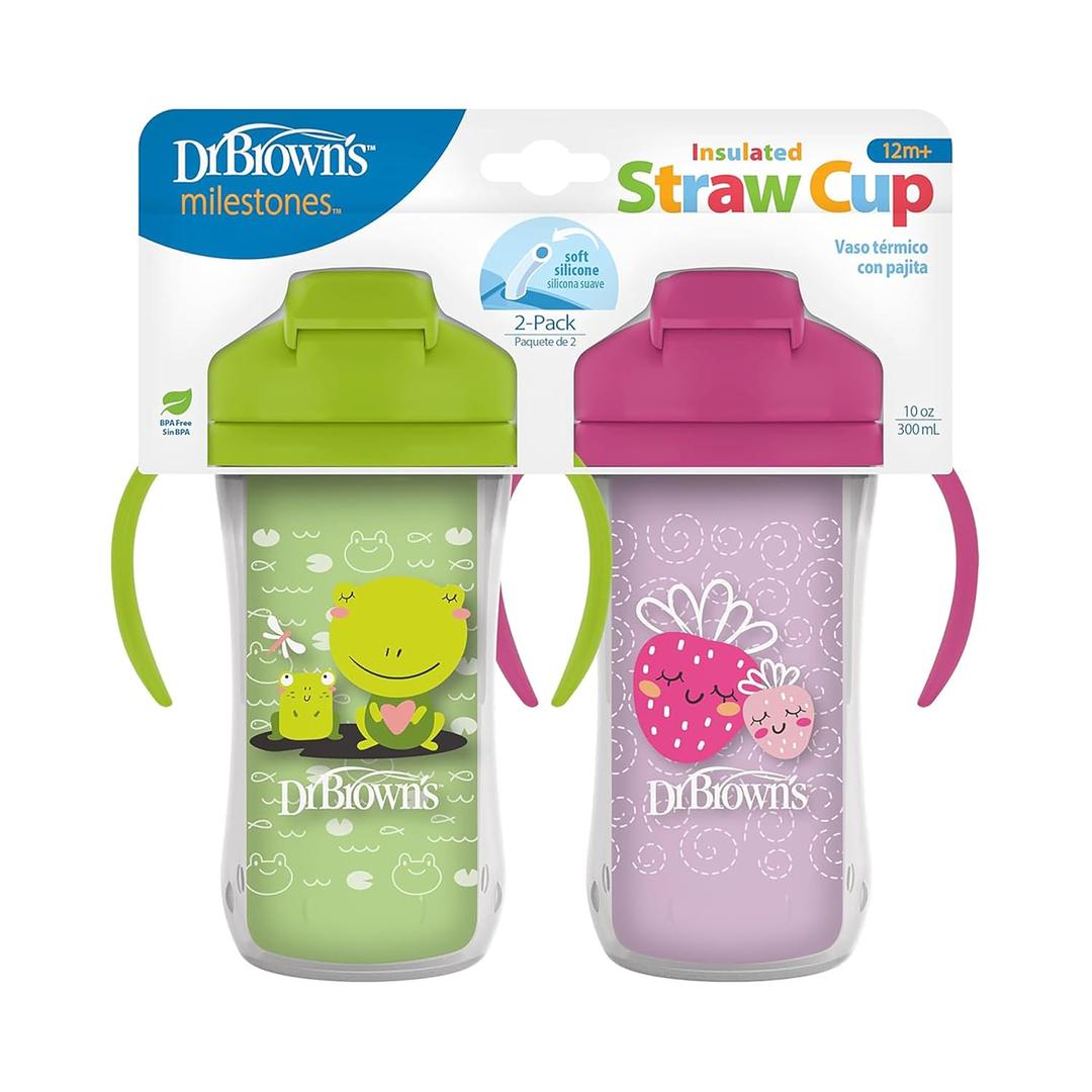 Dr. Brown's Milestones Insulated Sippy Cup with Straw and Handles, Spill-Proof Tumbler with Lid, 2-Pack, Green & Purple, 10 oz/300 mL, BPA Free, 12m+