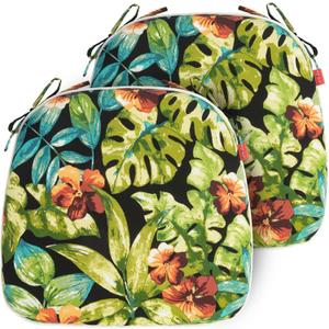 Indoor/Outdoor Chair Cushions 17"X16"X2" with Ties for Dining Chairs Set of 2, Waterproof U-Shaped Chair Pads, Foam Seat Cushions for Patio Kitchen Garden Office-Green Tropical Leaves