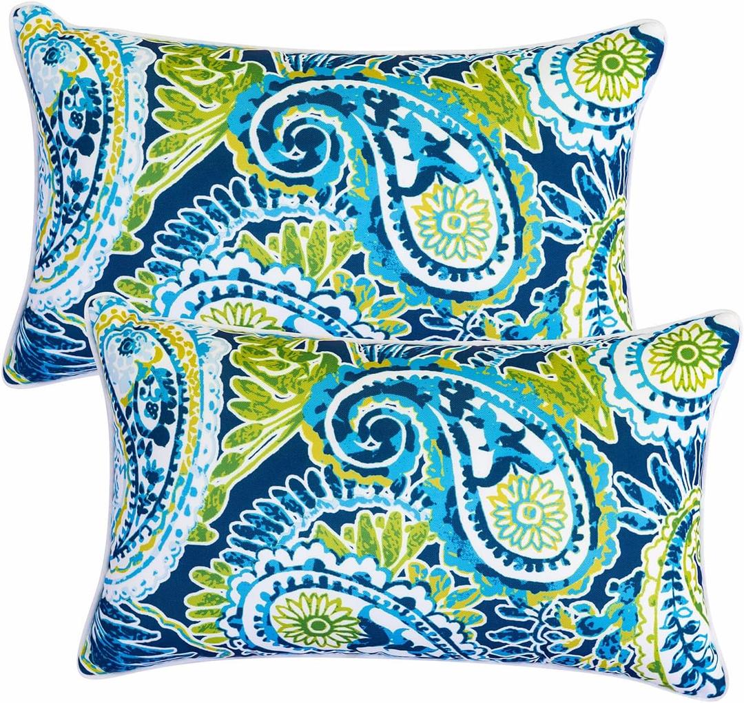 Set of 2 Patio Lumbar Pillows, 12x20 Fade Resistant Outdoor Waterproof Lumbar Pillow with Inners, Decorative Garden Lumbar Cushions for Home Patio Terrace Sofa (Blue-y Flower)