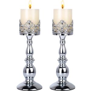 Candle Holders for Pillar Candles Gothic Matte Black Vintage Tall Candle Holders Set of 2 Decorative Large Table Centerpieces Candle Stand Decor (Silver 2PCS A)