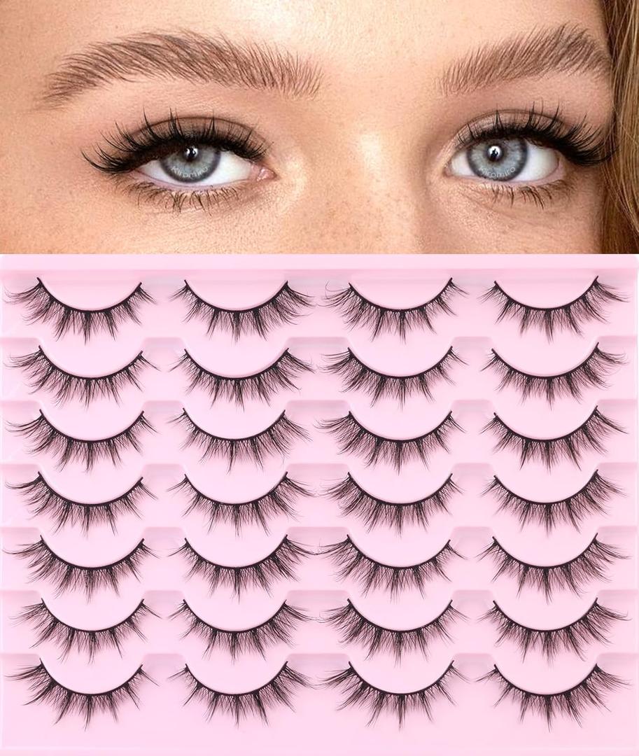 False Lashes Natural Look Wispy Eyelashes Manga Korean Spiky 16mm Short Faux Mink Eyelashes Cat Eye Natural Fake Eyelashes Strip Lashes Pack 14 Pairs