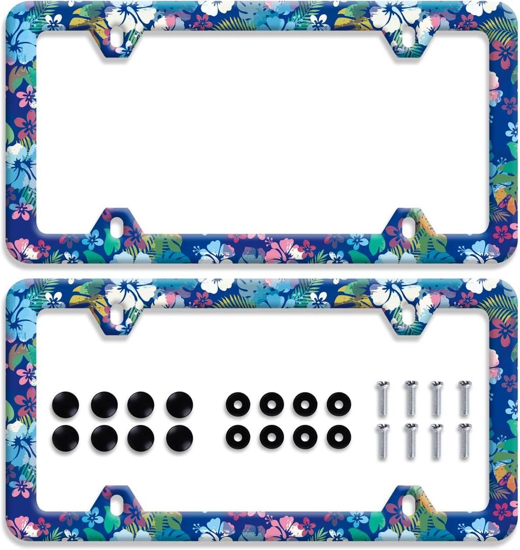 2PcsBlue pink hibiscus License Plate Frame colorful tropical floral License Plate Frames Stainless Steel Accessories Cars Decor with 4 Holes Screws Fits Standard US CA Vehicles Size 12.2 x 6 Inches