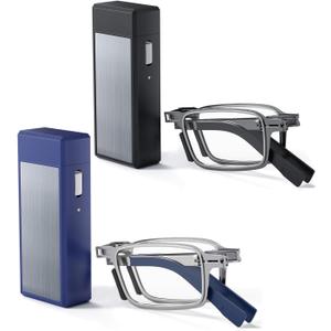 Hubeye Ultra Thin Folding Reading Glasses for Men 2 Pack Blue Light Blocking Compact Computer Foldable Readers With Case, +2.00