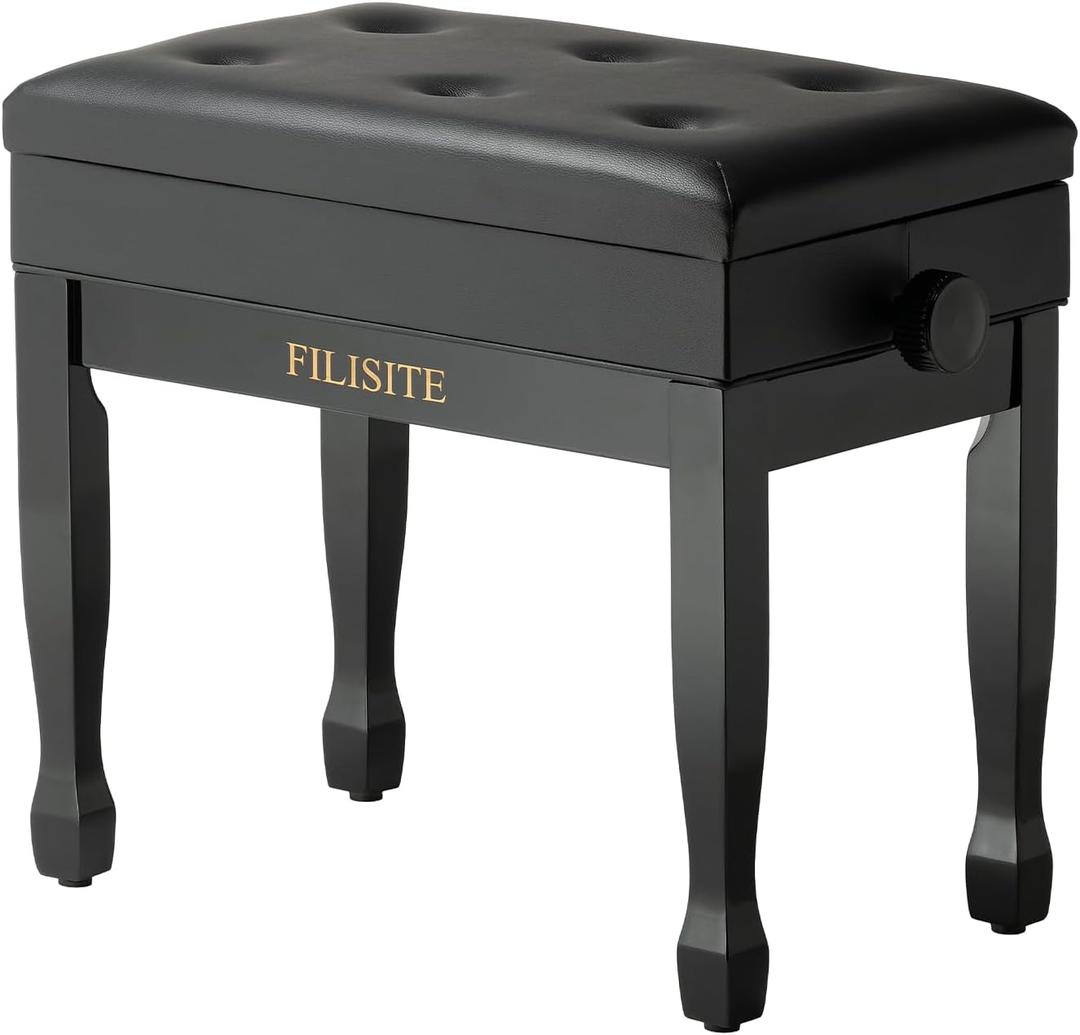 Adjustable Height Piano Bench Stool PU Leather Cushion Wooden Keyboard Seat with Music Storage (Black)