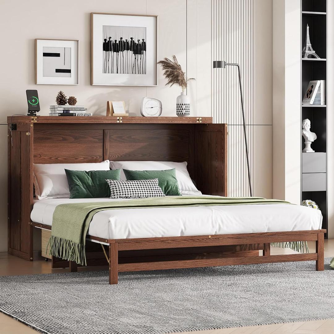 KEIKI Queen Size Cabinet Murphy Bed with Charging Station and Drawer, Multiple Storage Foldable Hideaway Wall Murphy Bed Frame with Solid Slat, No Box Spring Needed, Easy Assembly, for Bedroom, Walnut
