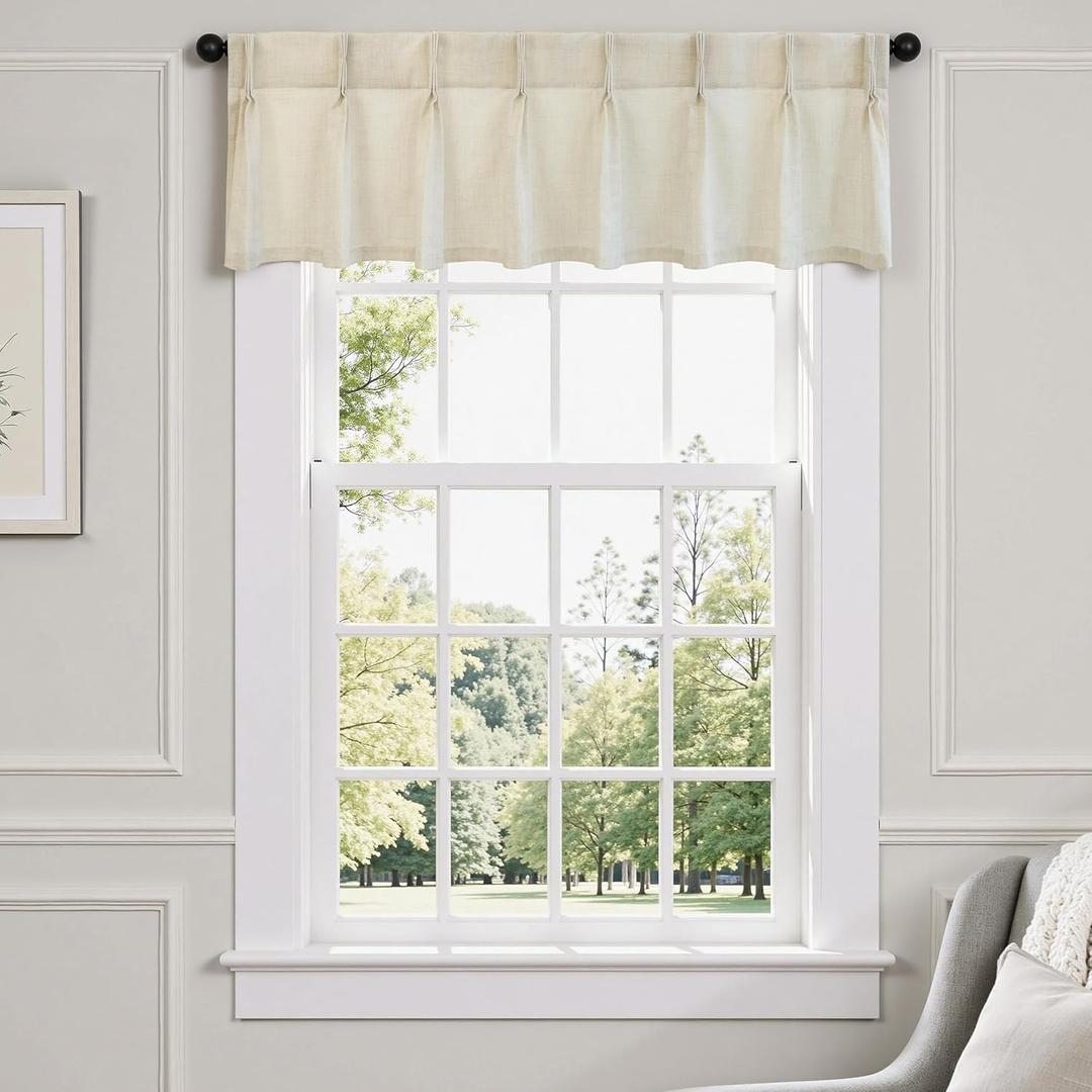 DriftAway Pinch Pleat Valance for Kitchen Window Faux Linen Textured Solid Beige Valance for Living Room 16 Inch Light Filtering Farmhouse Linen Curtain Valance Window Treatment Back Tab 48x16 Beige