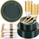 WDF Partyware 350PCS Green and Gold Plates - Green Plastic Plates 50Guests Plastic Plate with Rolled Napkins for Party/Birthday/St. Patrick's Day