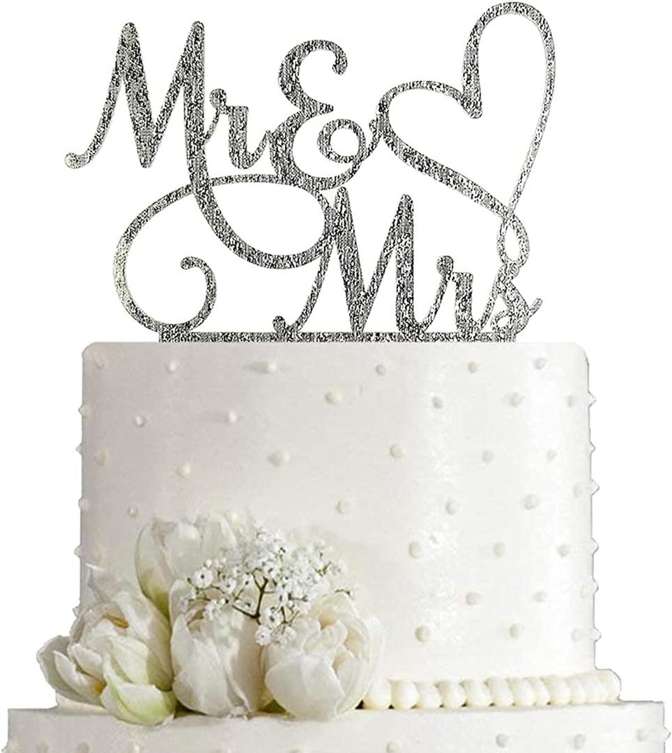 Mr and Mrs Cake Topper Decoration For Bride and Groom Sign Wedding/Engagement , Silver Glitter Acrylic
