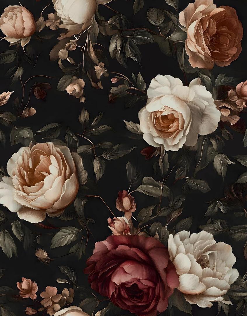 Dark Vintage Floral Wallpaper Peel and Stick, Black/White/Red Retro Rose Flowers Contact Paper, 17.5" x 118" Wall Paper Self Adhesive Waterproof Removable for Room Shelves Cabinet Drawer Table Decor