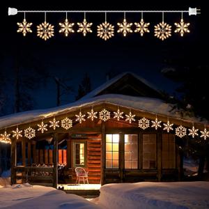 Snowflake Christmas String Lights with 9 Drops - 13ft 150 Mini Bulb Icicle Lights with Clips, Plug-in Connectable Hanging Lights for Front Porch House Tree Pation Decor Holiday Dcor