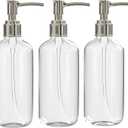 Refillable Clear Soap Dispenser Bottles with Pump, 16 oz (3 Pack) | BPA-Free Plastic Boston Round Containers for Hand Soap, Lotion, Shampoo, Kitchen & Bath